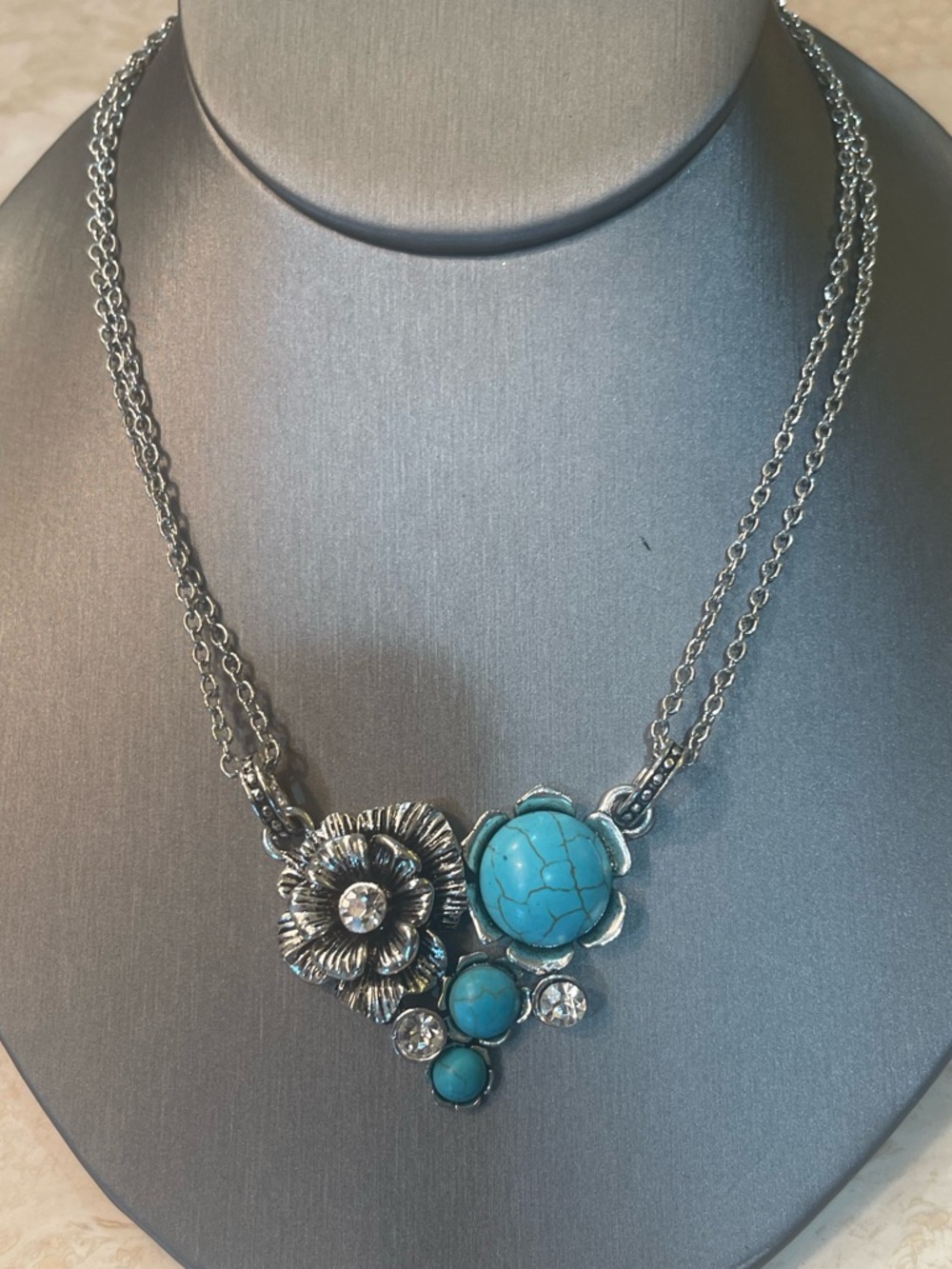 Silver-Tone Turquoise Floral Statement Necklace